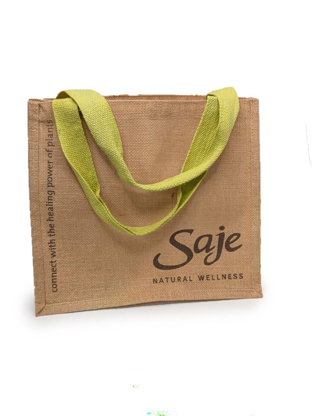 Saje Natural Wellness Jute Tote Bag Lime Green Handles Eco Friendly Burlap
